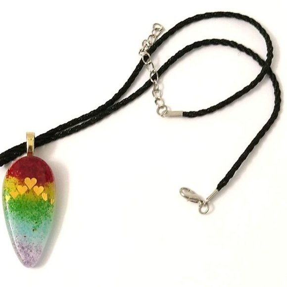 New Teardrop Shape Rainbow Glass Pendant Necklace with 22K Gold Hearts Pride - Picture 2 of 3